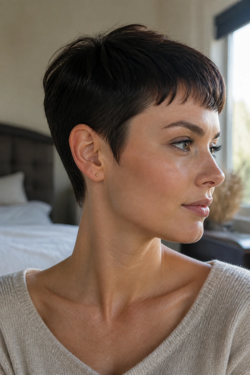 Close-up portrait of a real woman with a pixie cut showing a defined outline