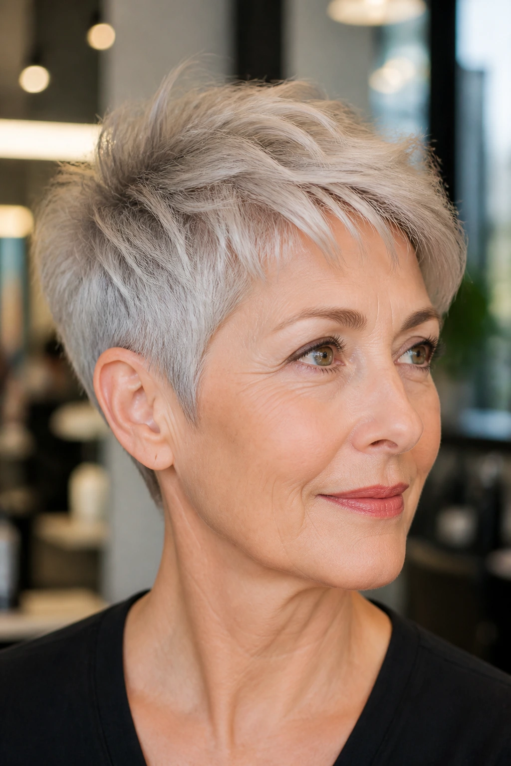 Close-up portrait of a real woman with a pixie cut in a salon setting
