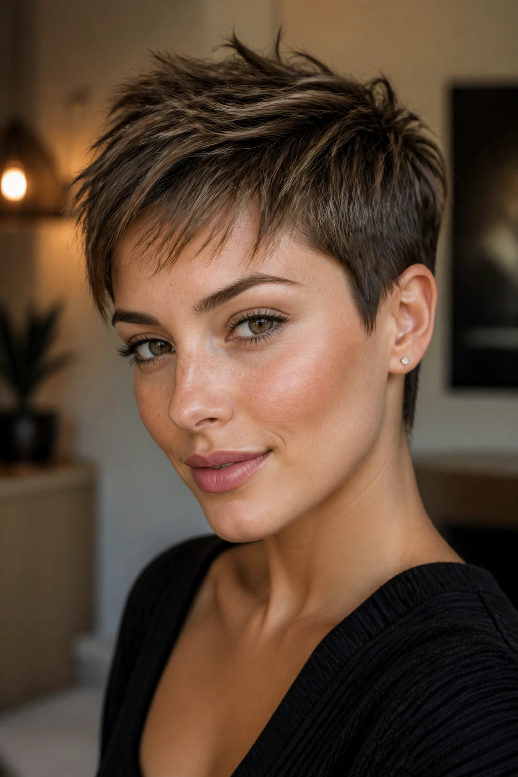Close-up portrait of a real person with a pixie and a textured top