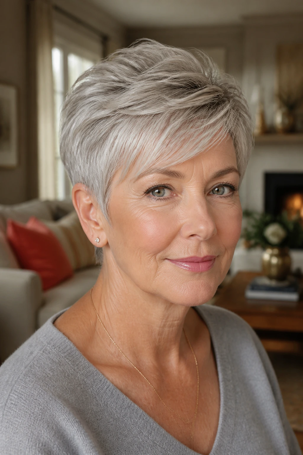 Close-up portrait of a woman with a chic pixie cut and side-swept fringe
