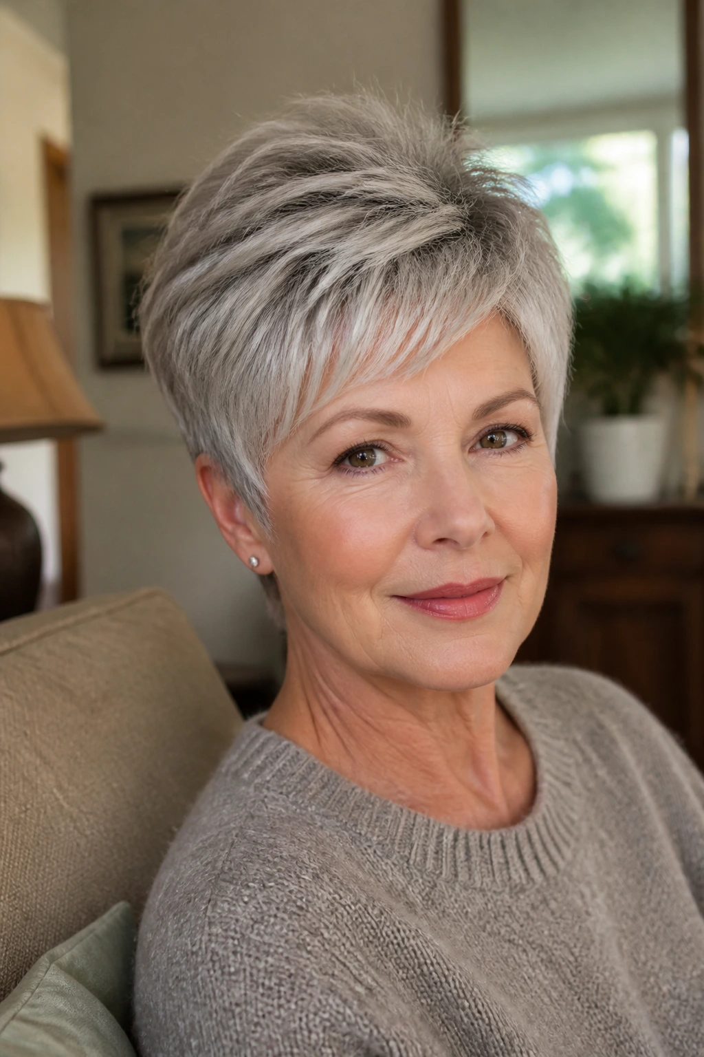 Close-up portrait of a real person with a soft, wearable pixie cut