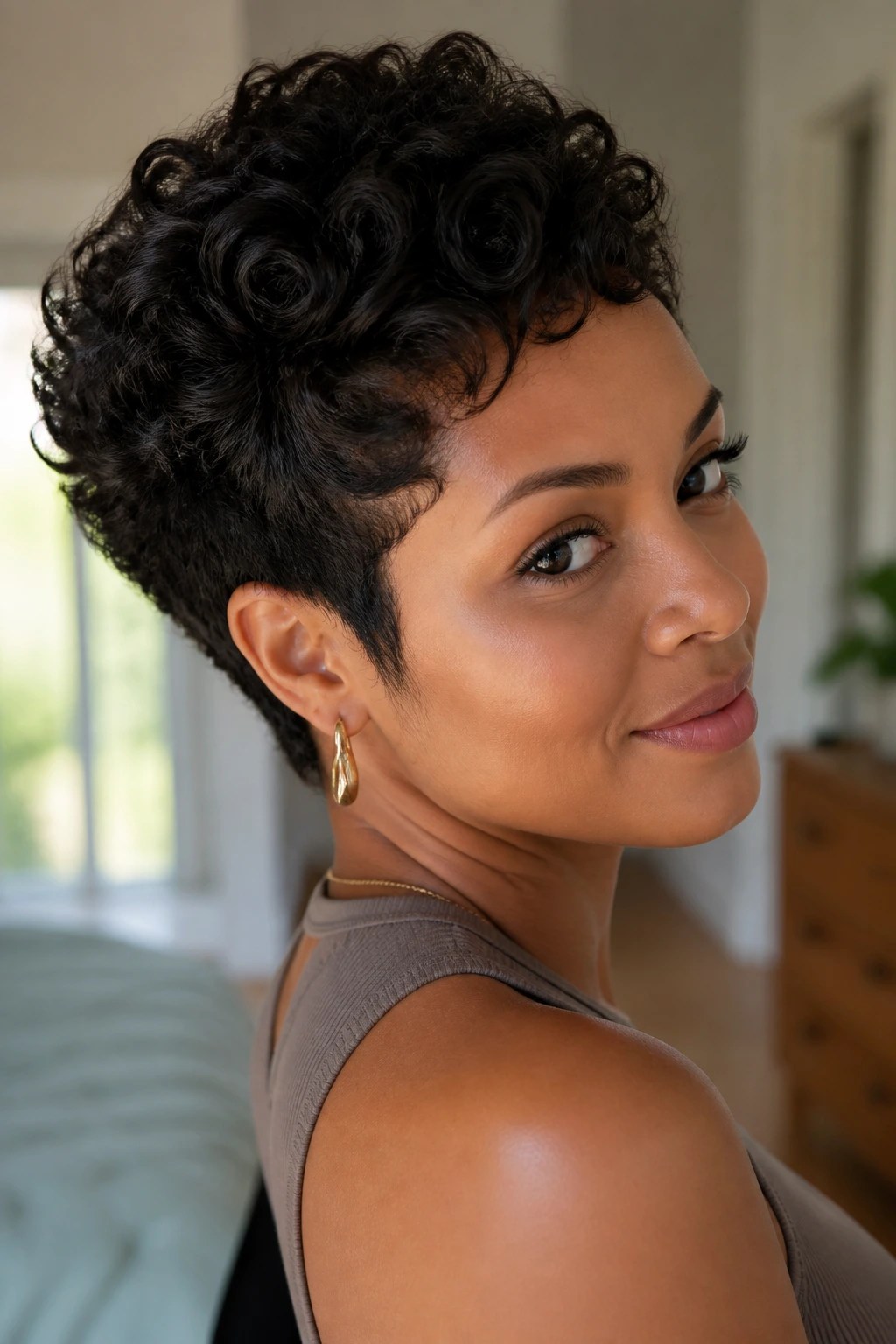 Real woman with fresh curly pixie cut in soft morning light