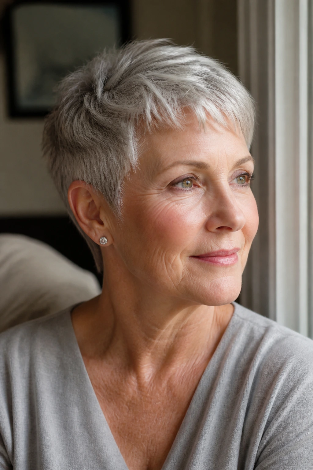 Portrait of an older woman with tailored pixie cut that feels like her