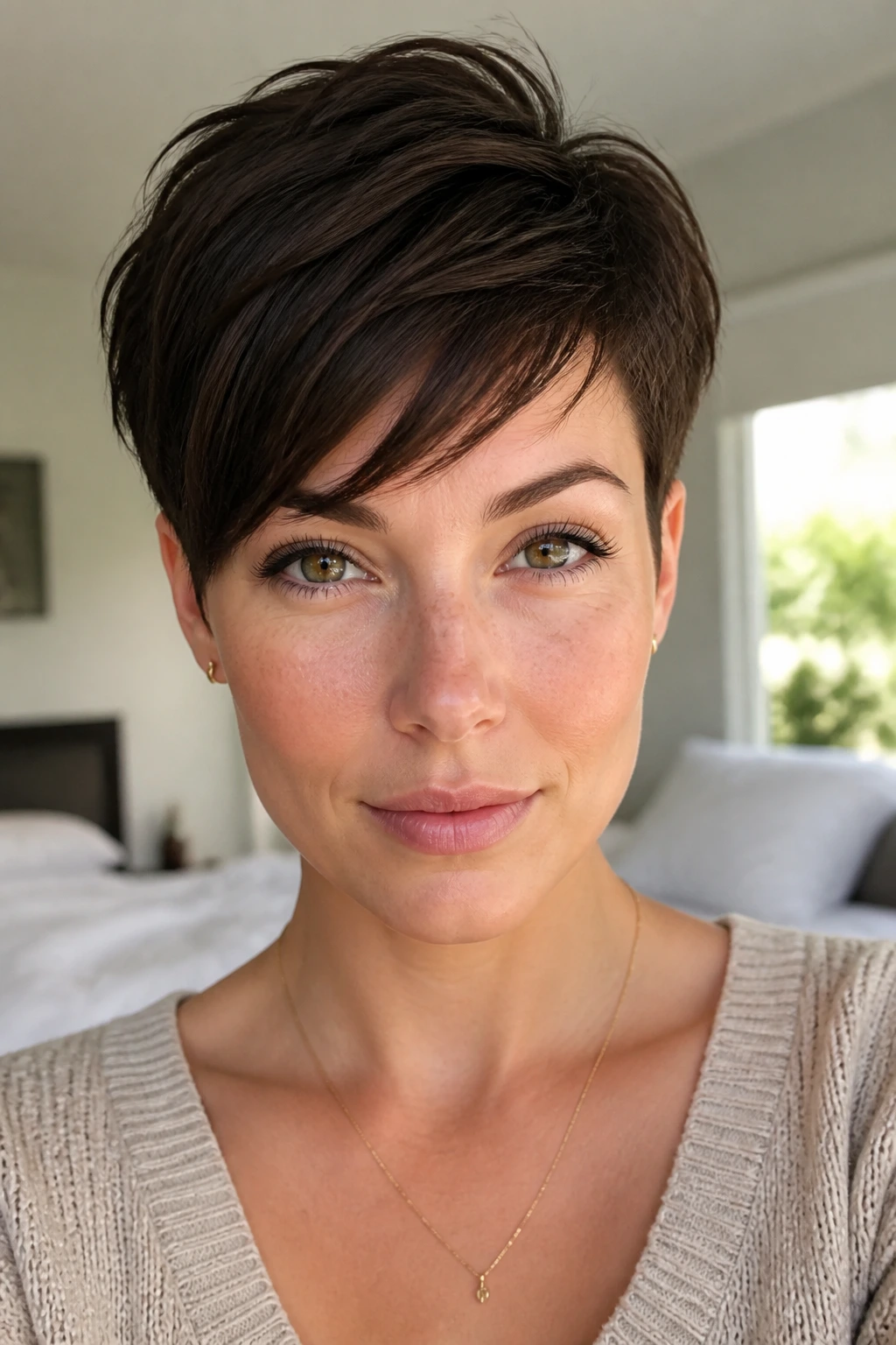 Close-up portrait of a real person with a pixie cut showing fringe and crown