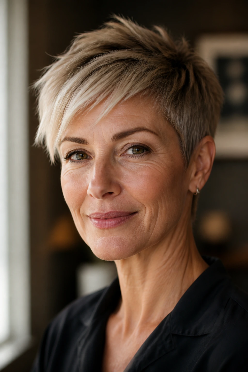 Close-up portrait of a woman with a pixie cut showing crown texture and fringe in warm window light.