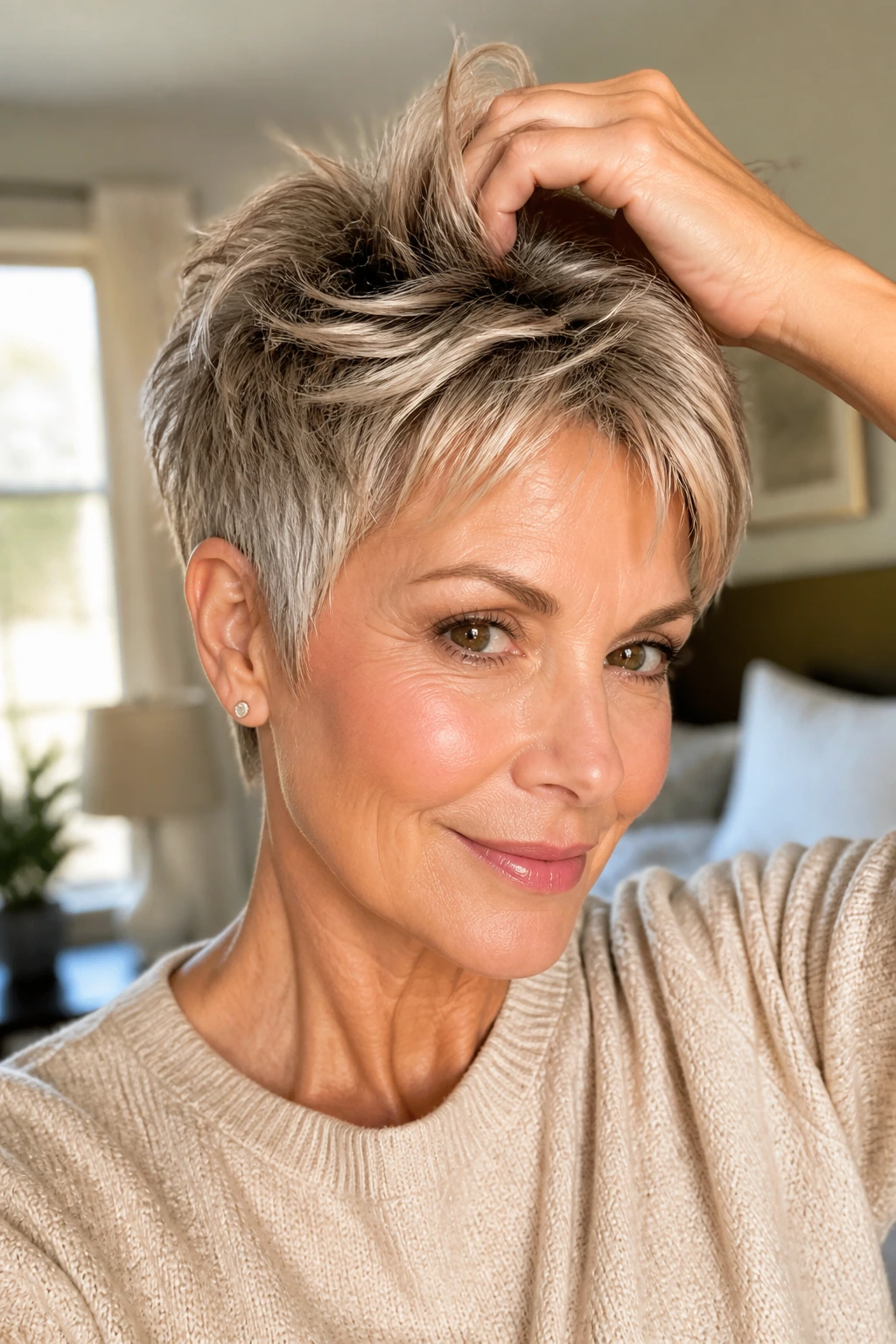 Portrait of a real woman with a pixie cut being styled quickly, showing lift at the roots by a window.
