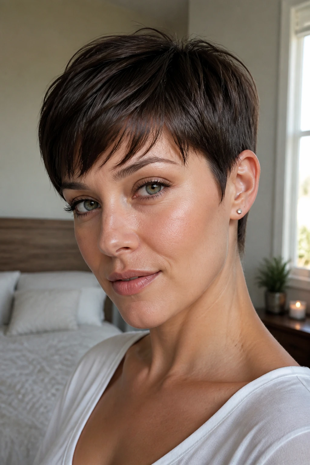 Close-up portrait of a real person with a sharp pixie cut, clean neckline and crisp fringe in natural window light