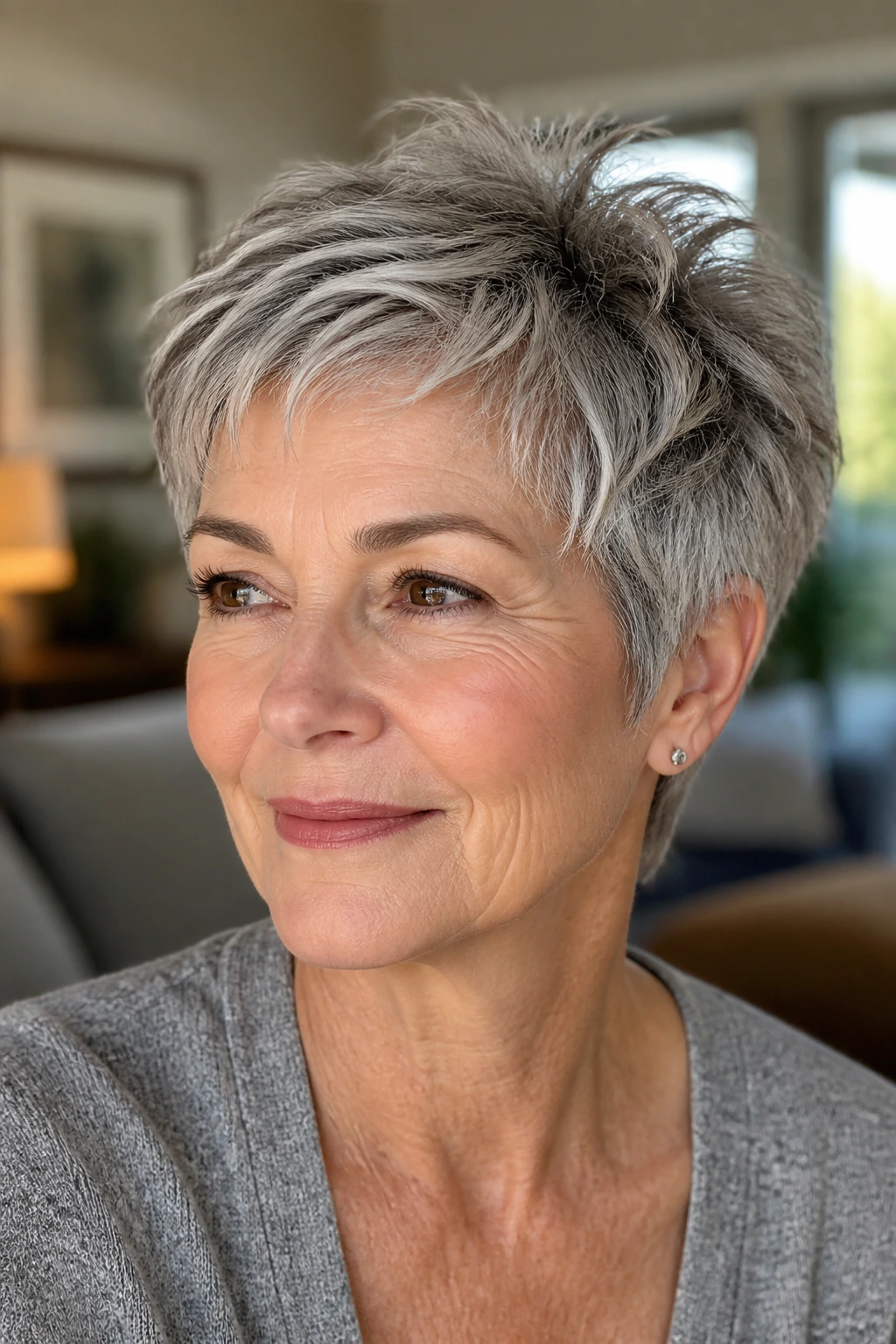 Close-up of a woman with salt-and-pepper tousled pixie and dimensional color