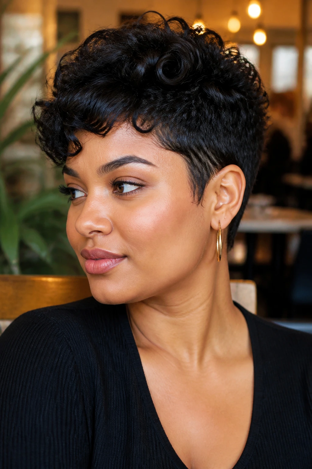 Close-up portrait of a real person with an ear-length sculpted pixie, high crown lift and round face, chic cafe setting.