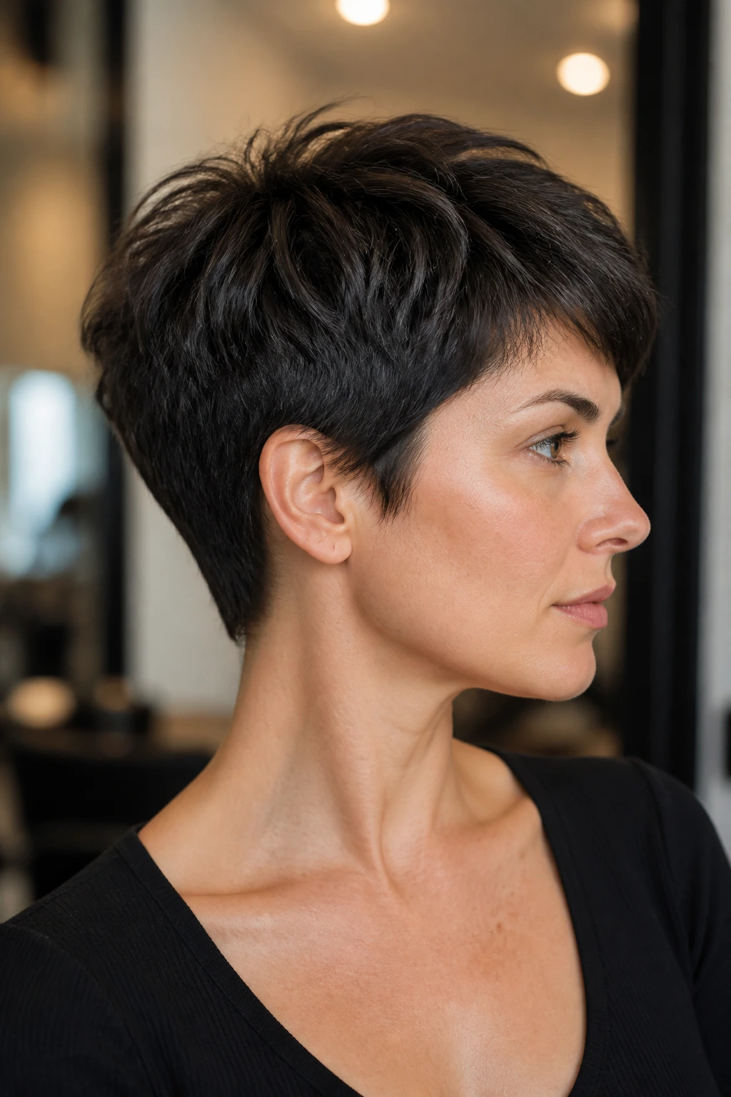 Portrait of a real person showing a sculpted pixie cut with defined shape