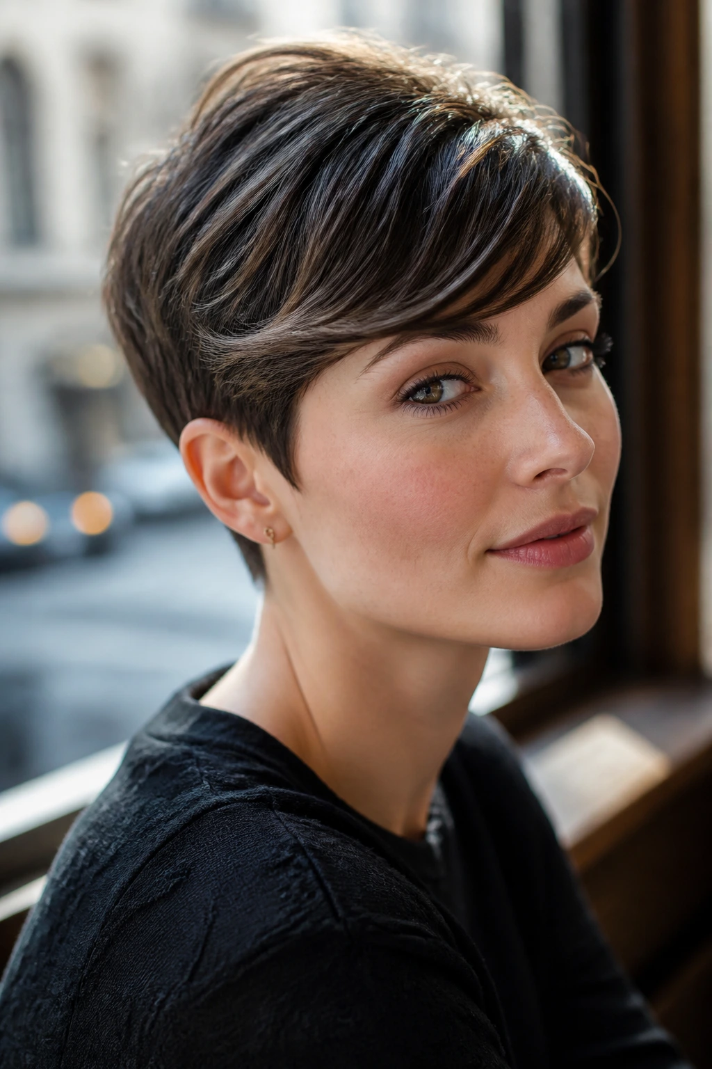 Close-up portrait of a real woman with a curved fringe pixie in cafe window light