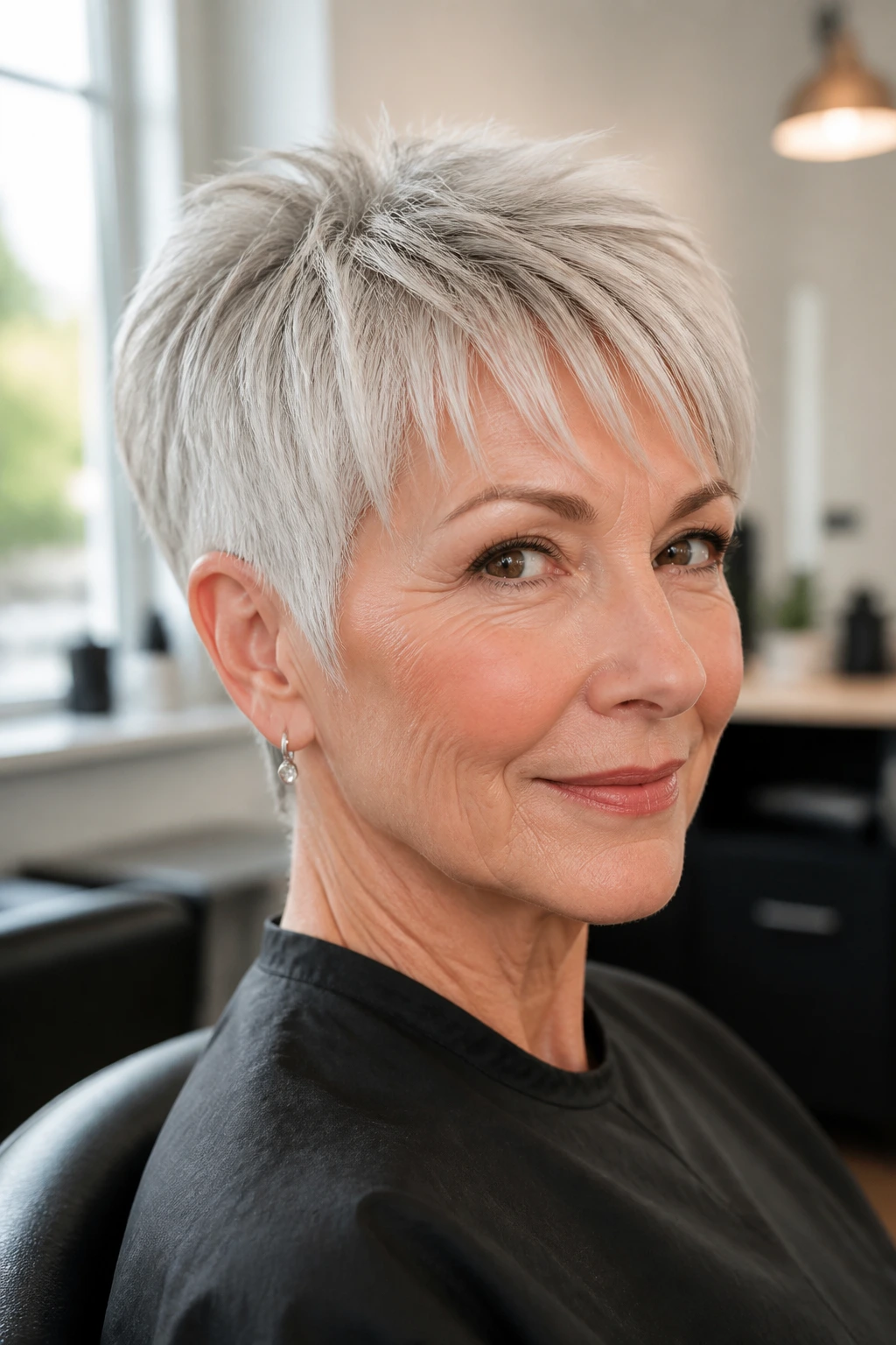Portrait of a real woman with a crisp pixie haircut showing a clean neckline and lifted crown in natural light