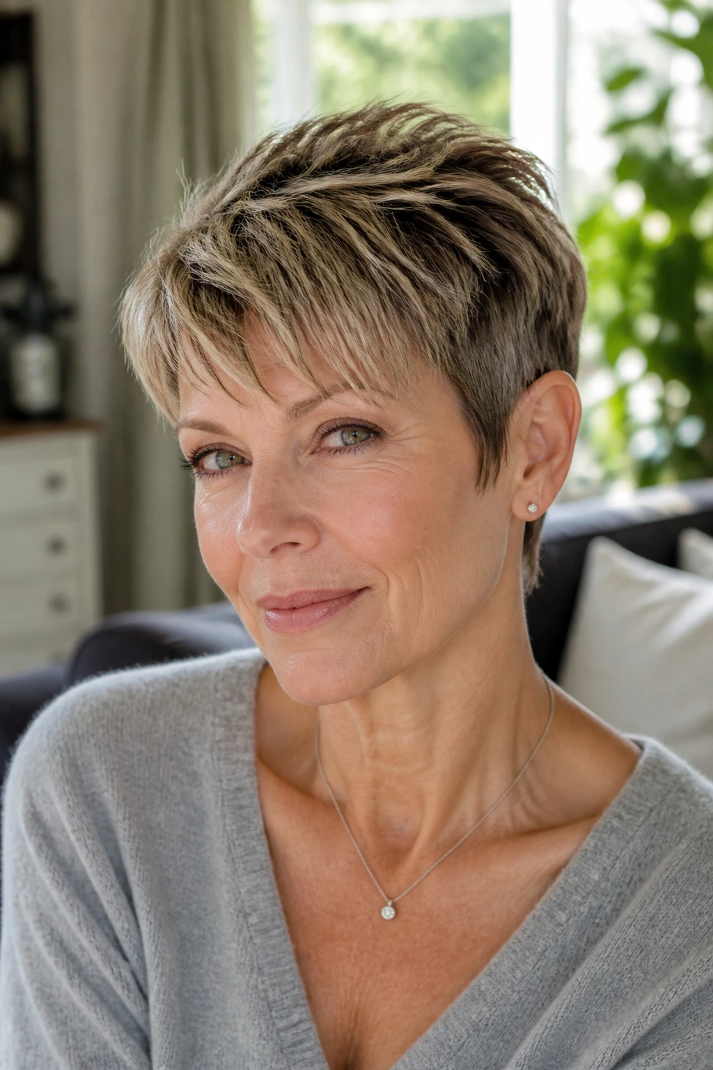 Close-up portrait of a real woman with a pixie cut that looks effortless and practical, natural window light