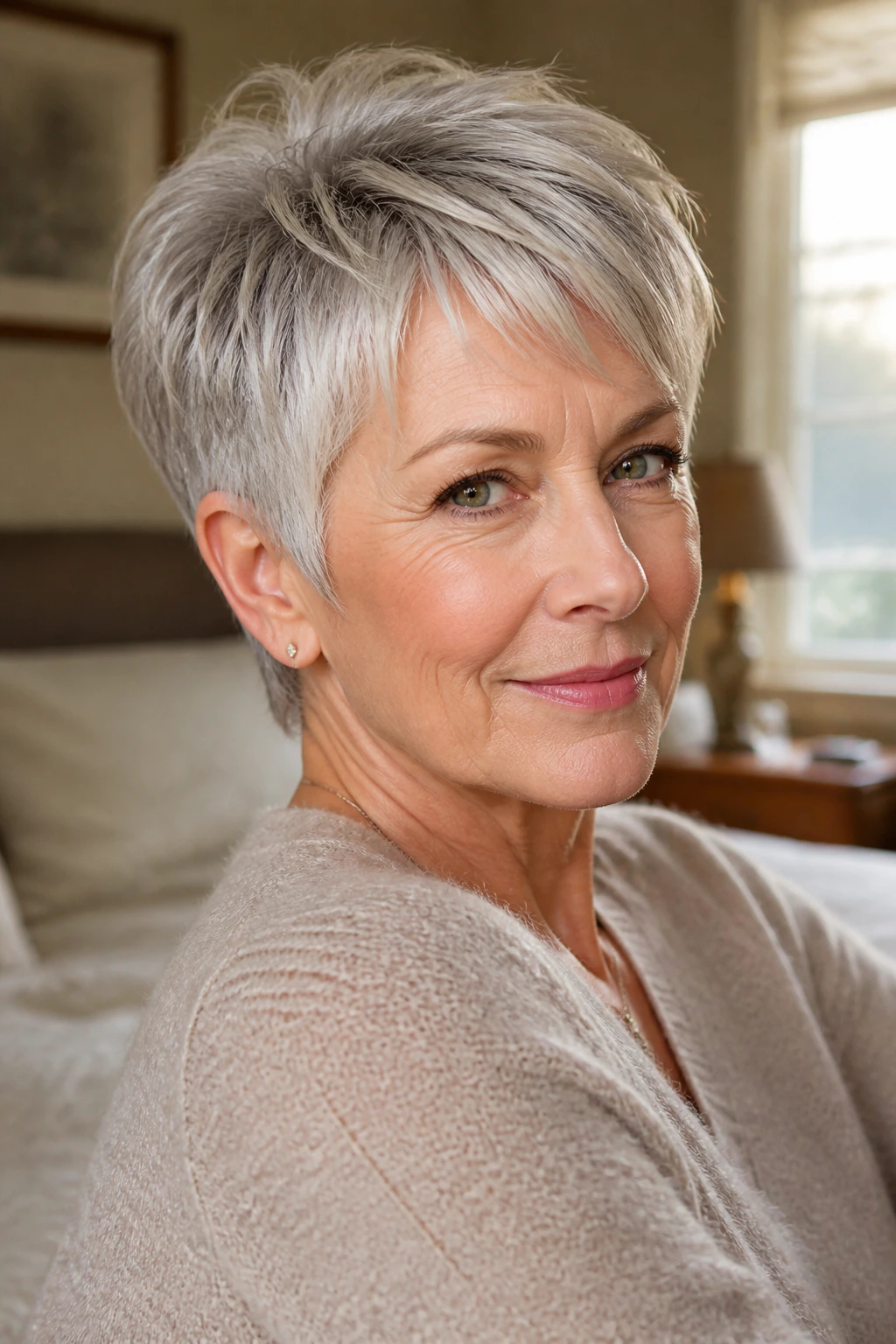 Close-up of a woman with a pixie cut highlighting shape and lift.