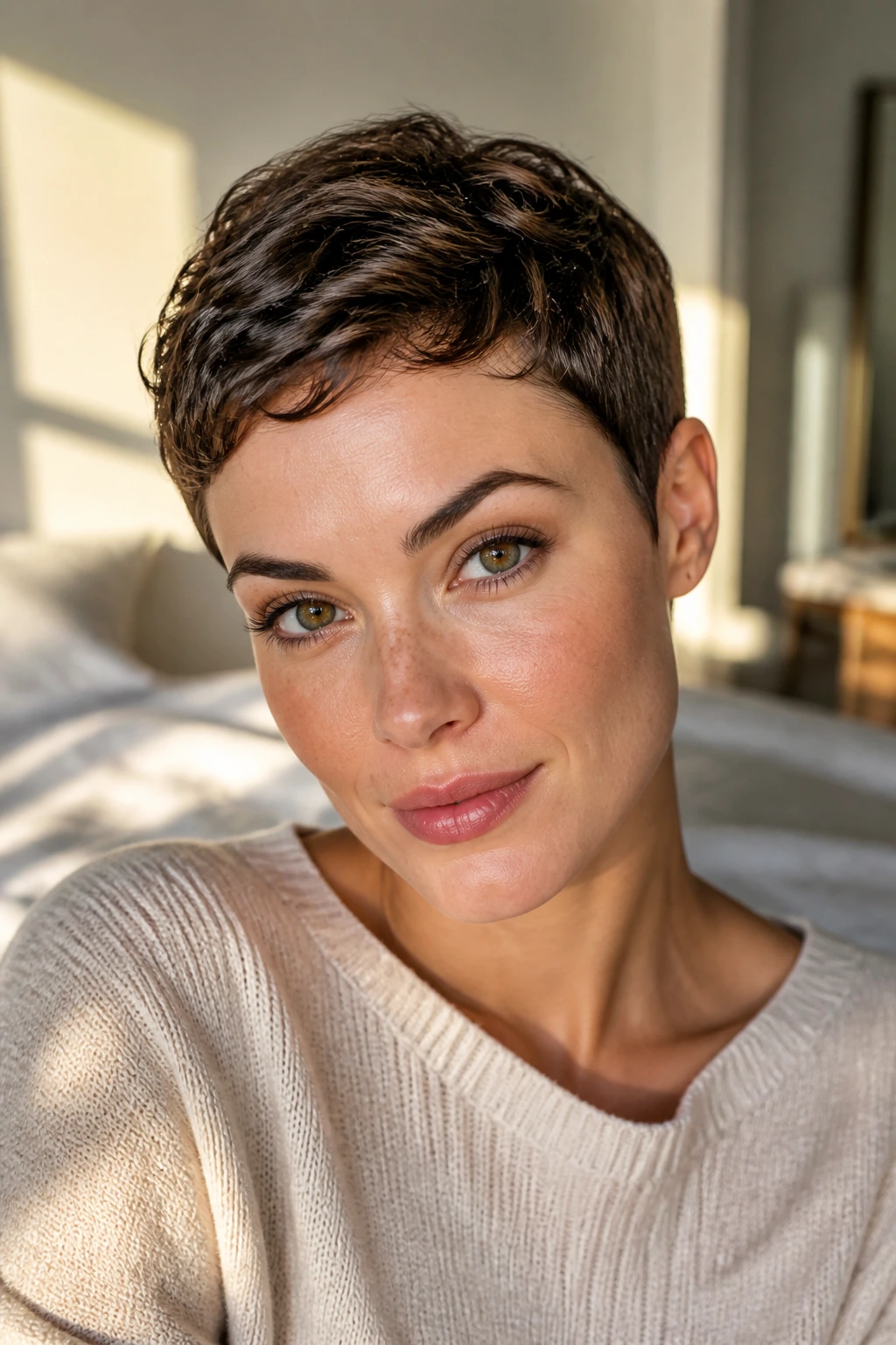 Close-up portrait of a real woman with a very short pixie cut and subtle wave in a sunlit bedroom