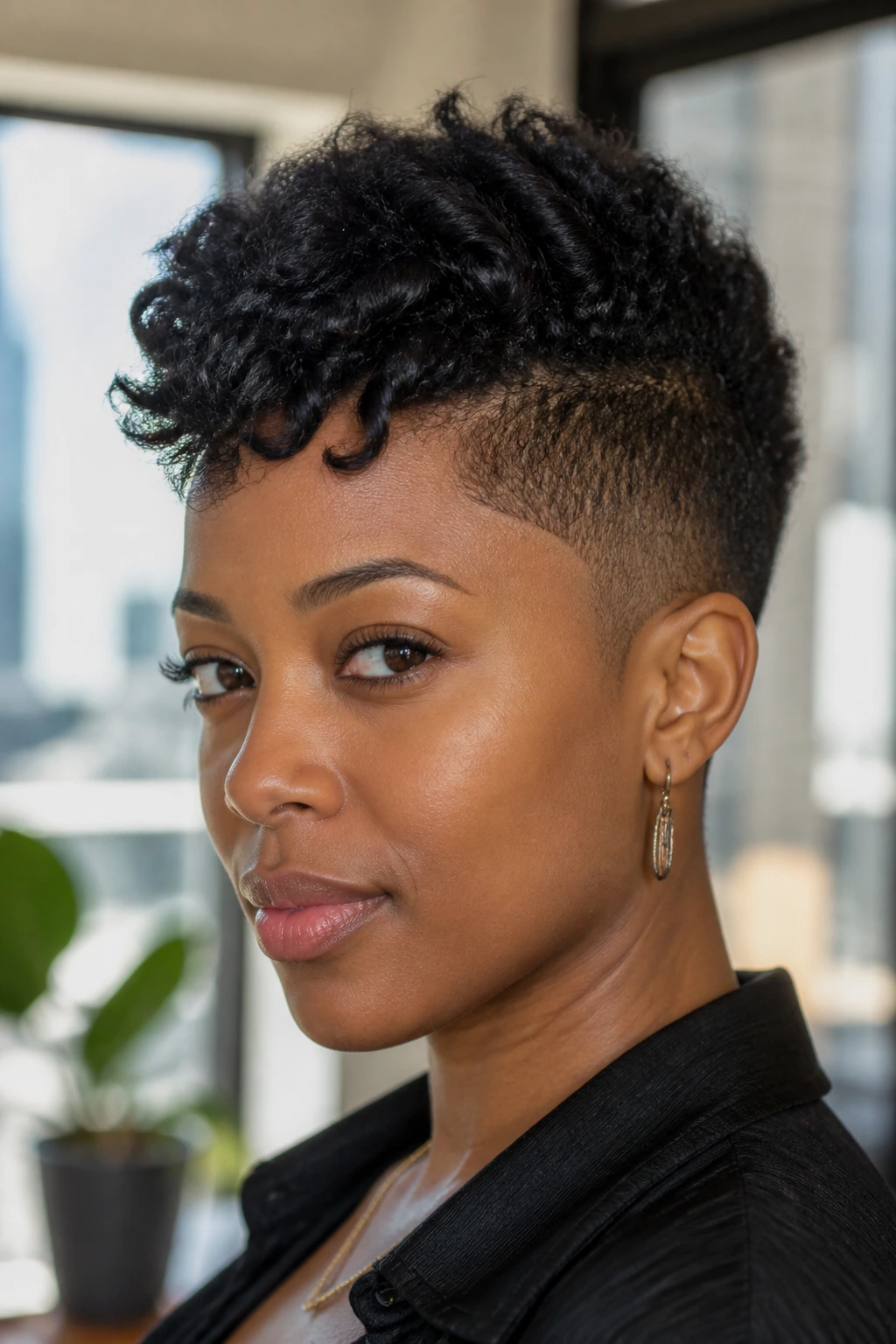 Real woman with textured pixie cut and visible side fade.