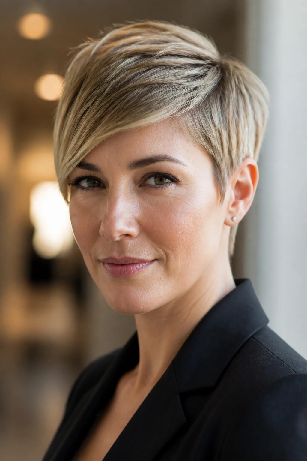 Close-up of a real person with a pixie cut and side sweep