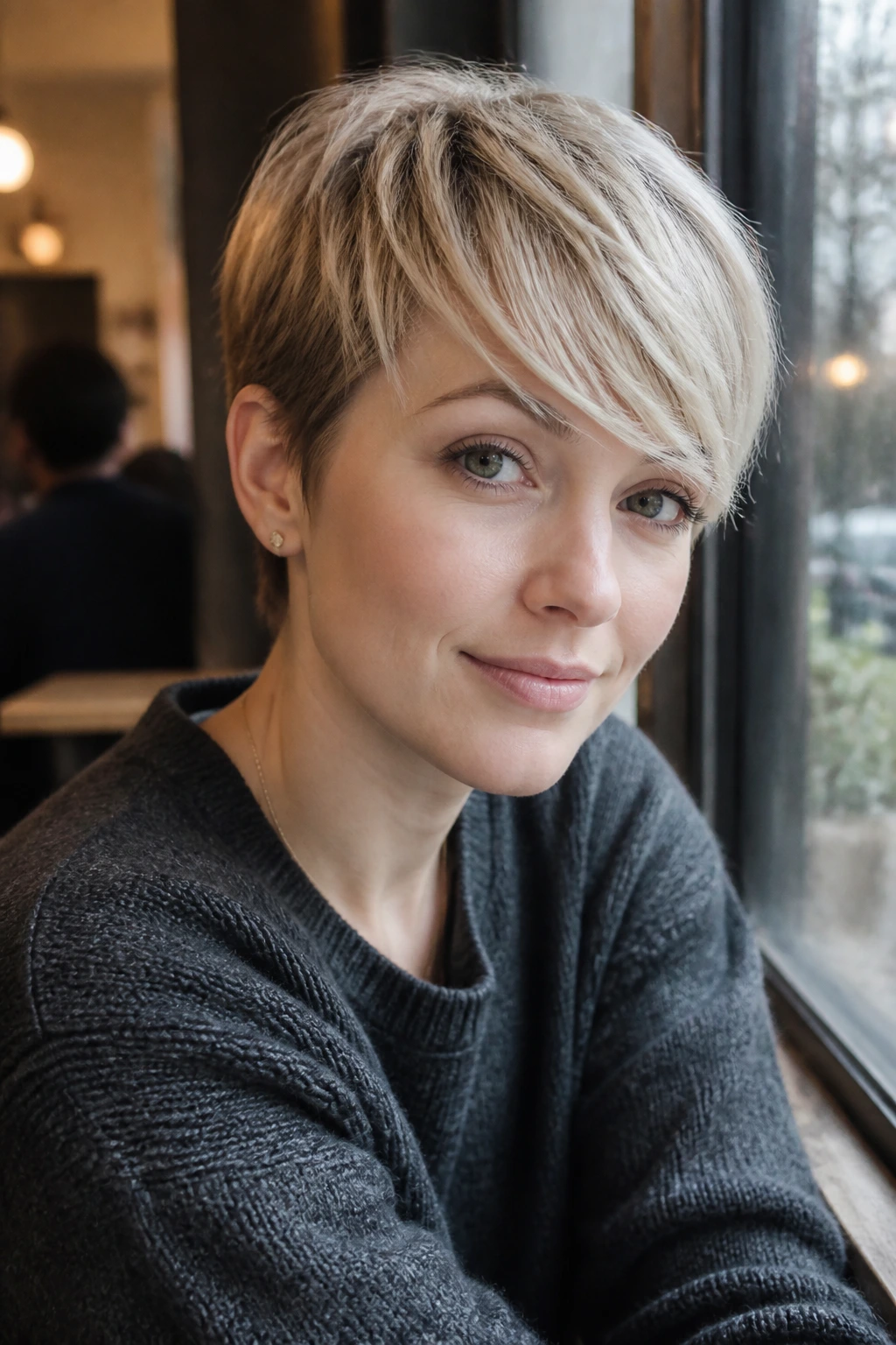 Close-up of a real woman with a grown-out pixie and side-swept fringe