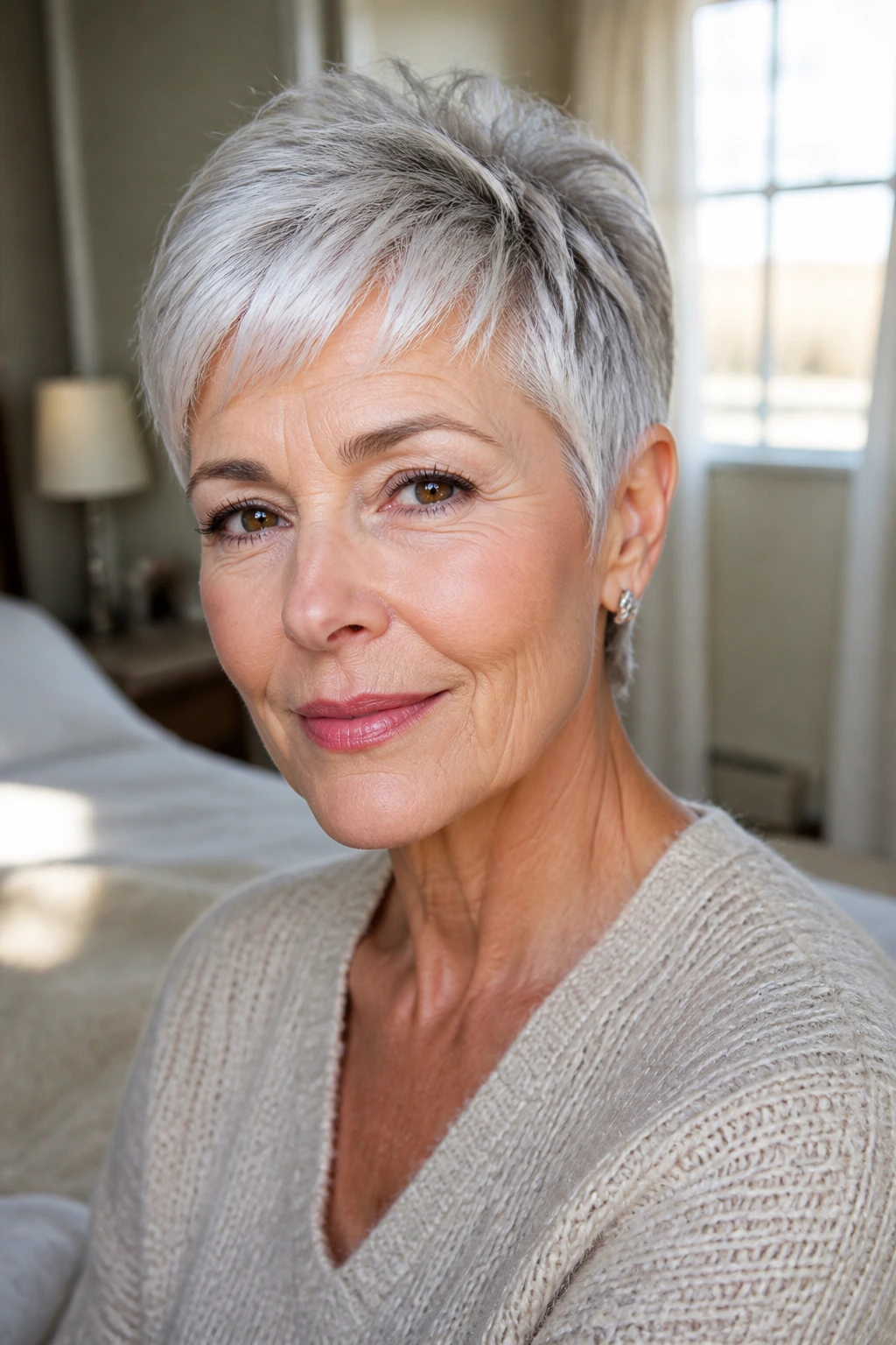 Close-up portrait of a woman with a pixie cut and silver hair in warm natural light.
