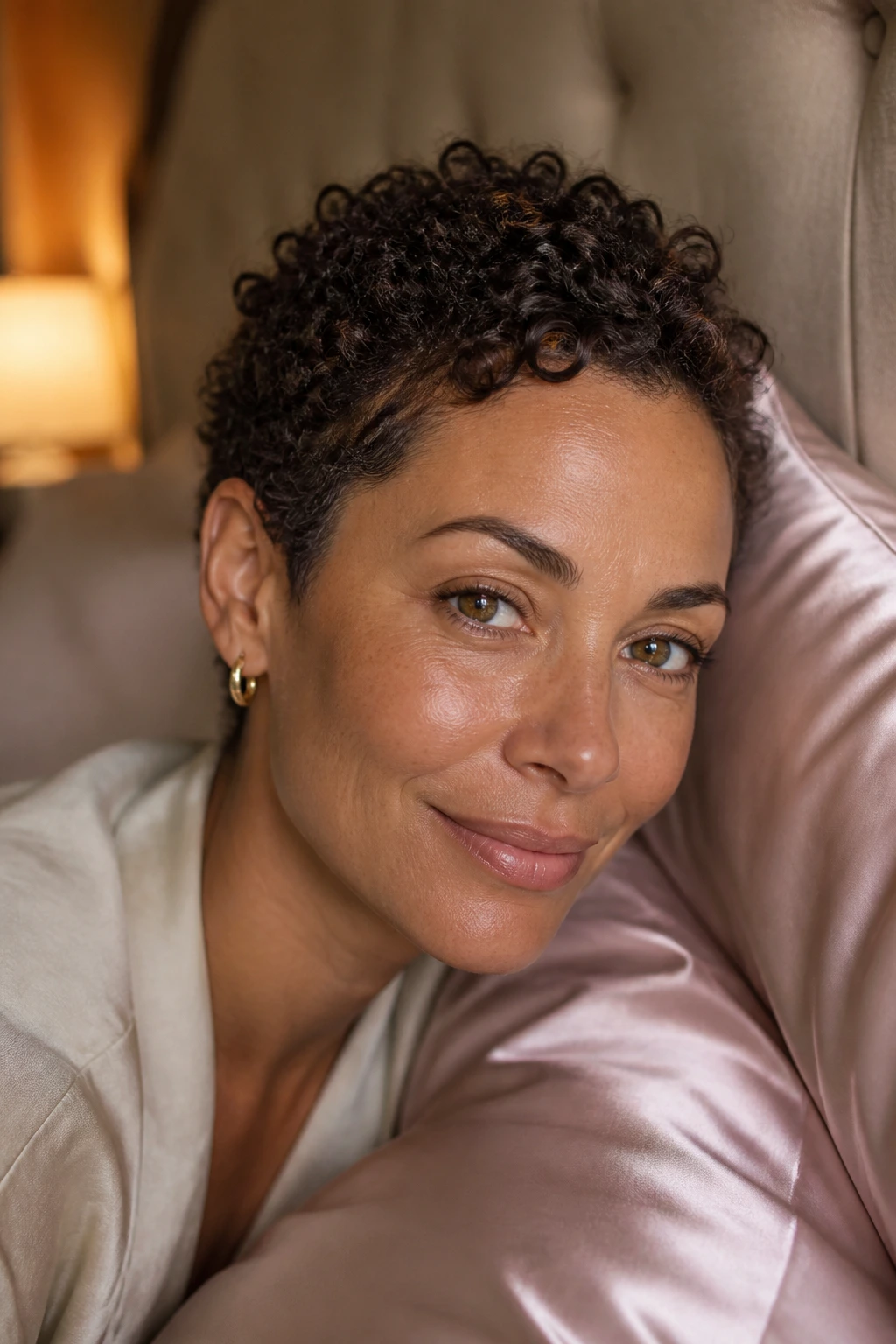 Portrait of a real woman with a short pixie in a bedroom setting with satin pillow