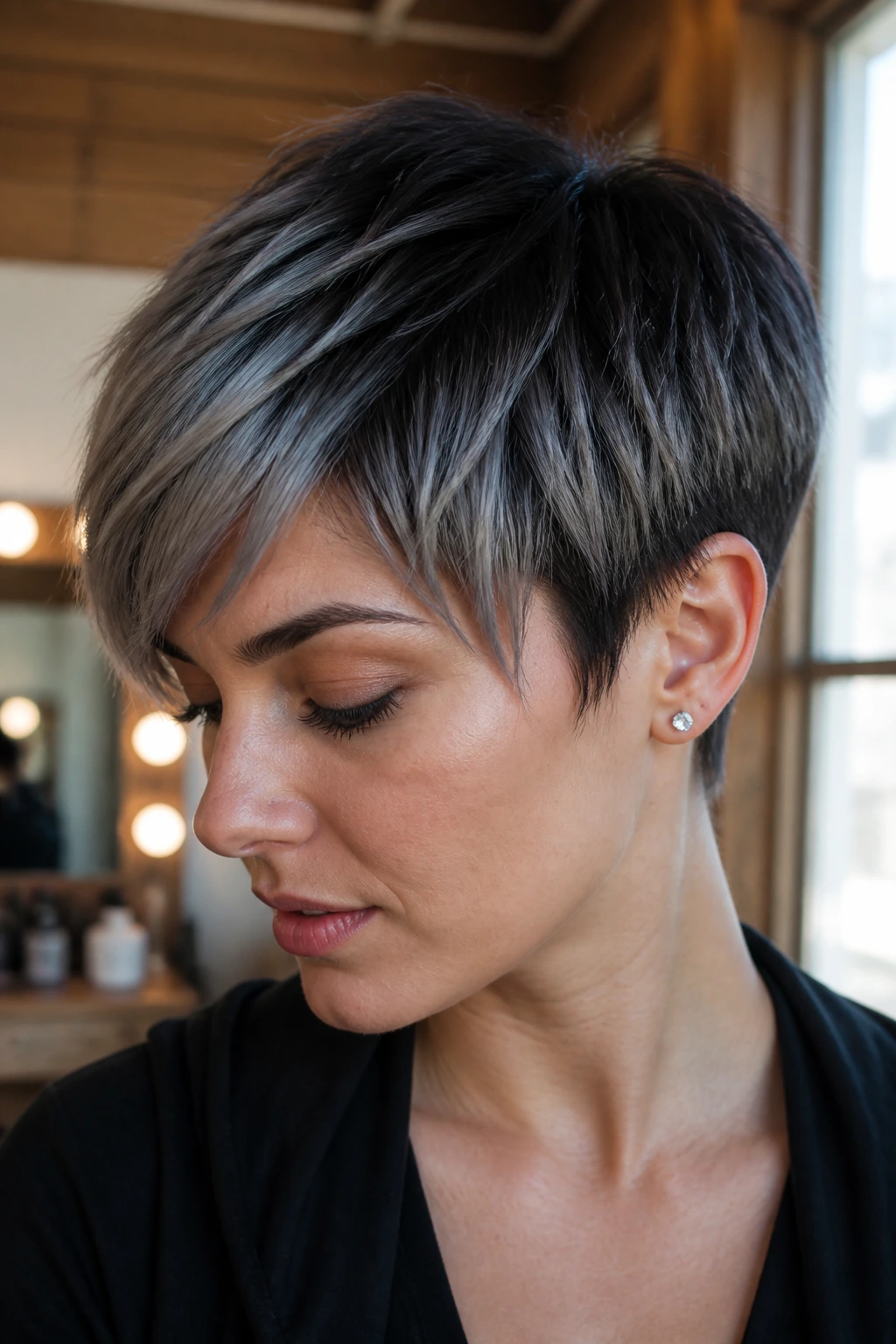 Close-up portrait of a real person with an ink-black to smoky-gray pixie cut, soft fade.
