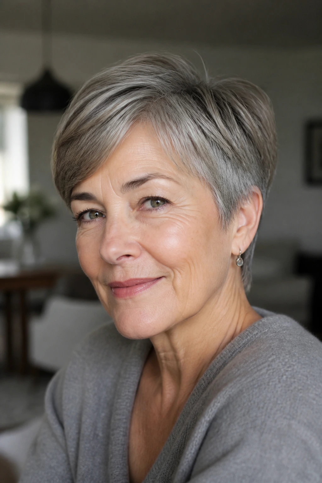 Portrait of an older woman with a grown-out pixie and soft edges