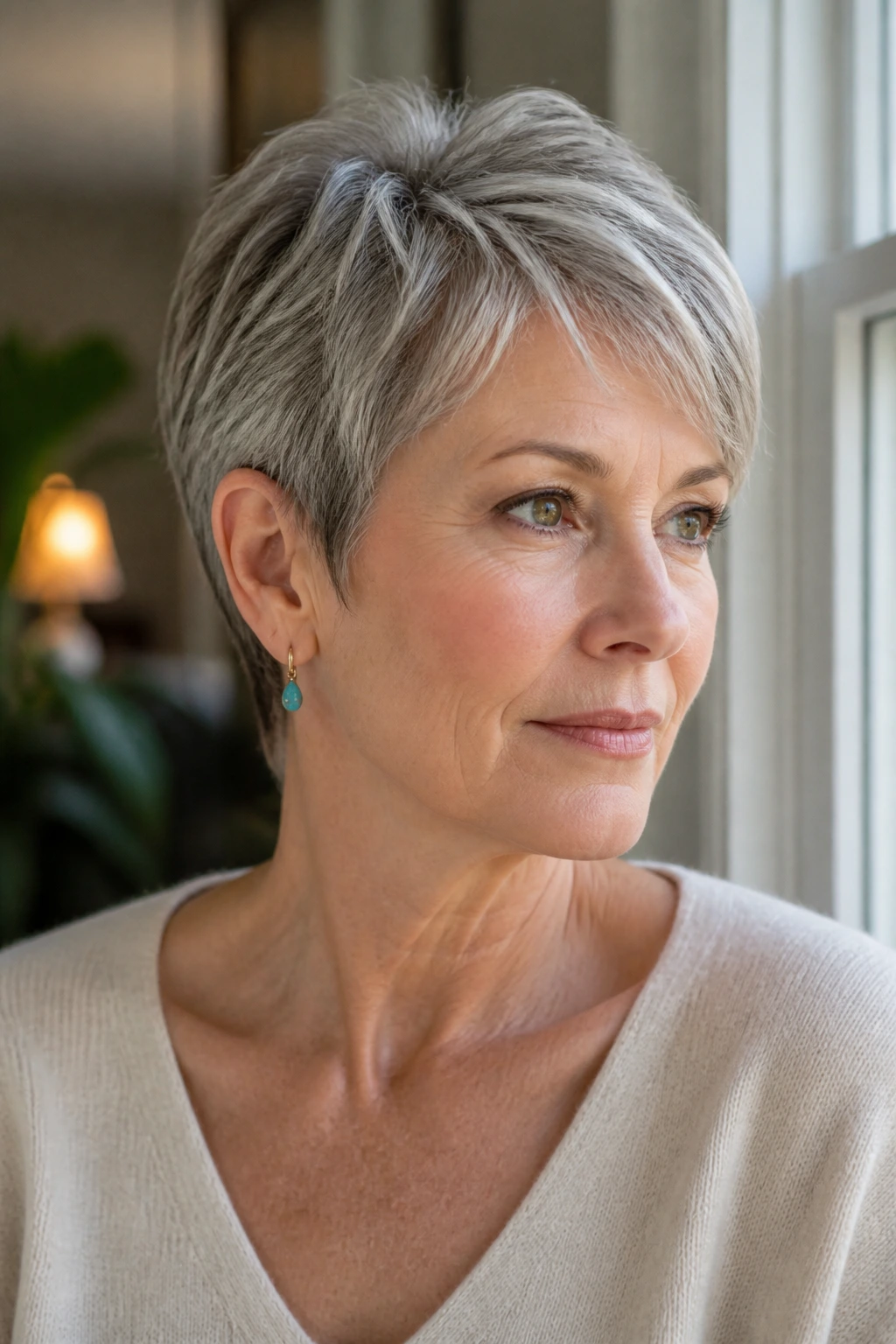 Close-up portrait of a real woman with a grow-out-friendly pixie and soft neckline.