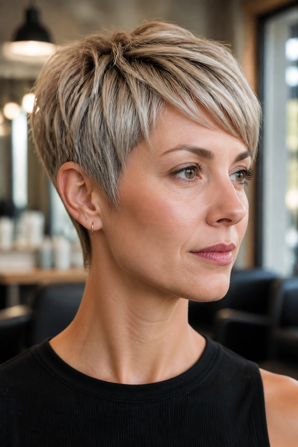 Close-up portrait of a woman with a pixie cut on straight hair showing crisp edges and crown lift