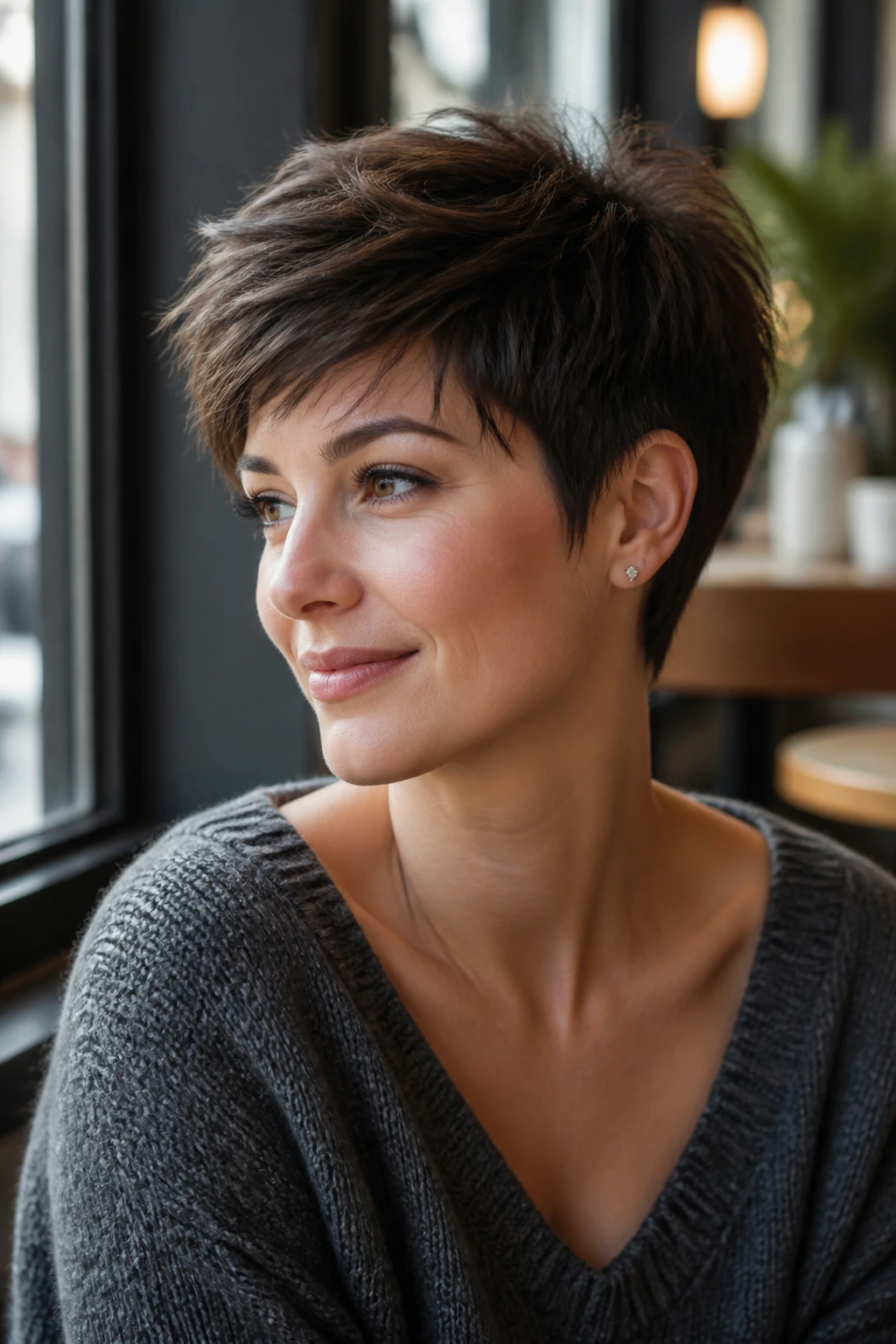 Real woman with pixie cut styled to flatter facial features.
