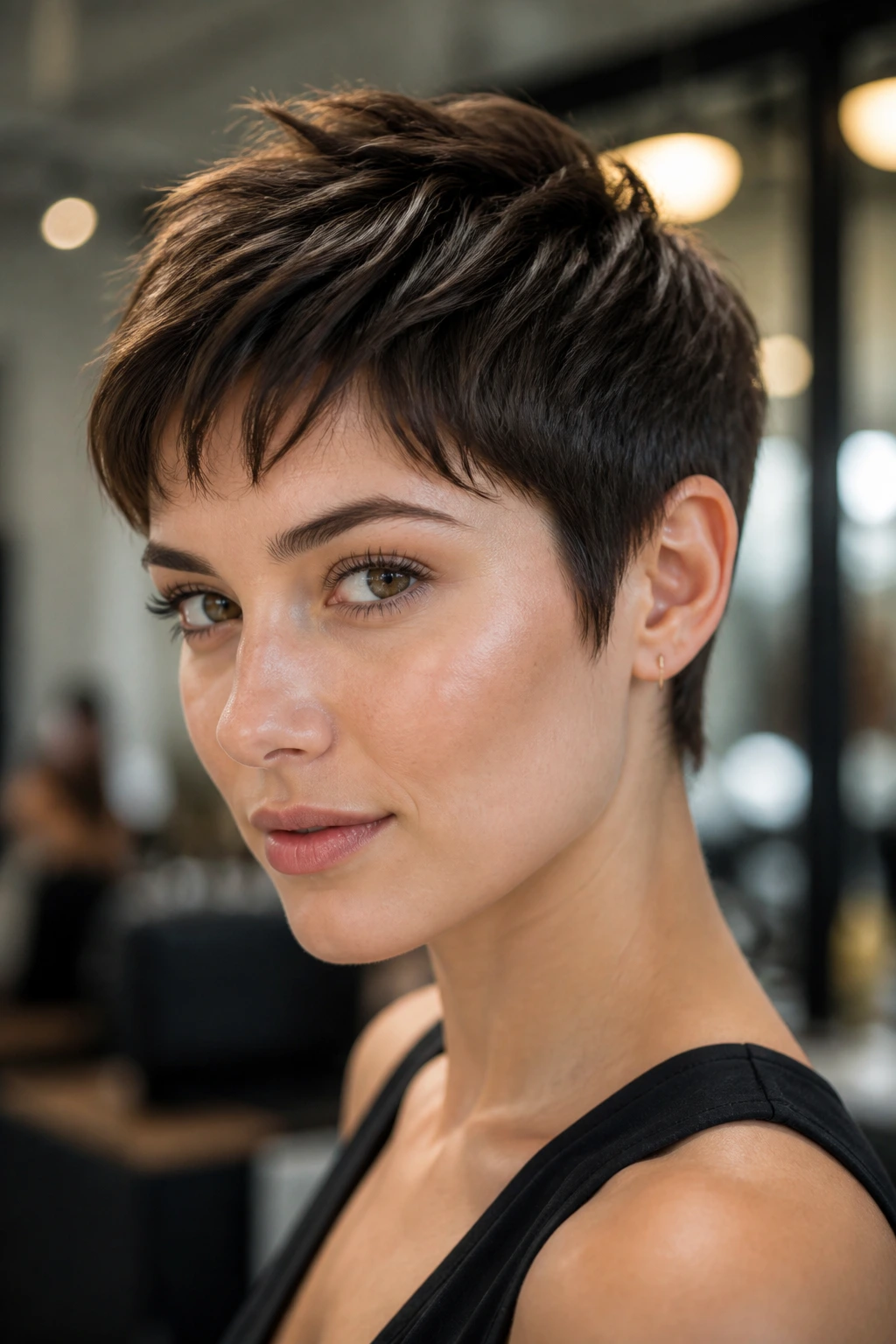 Close-up portrait of a real woman with textured pixie showing piecey crown and fringe