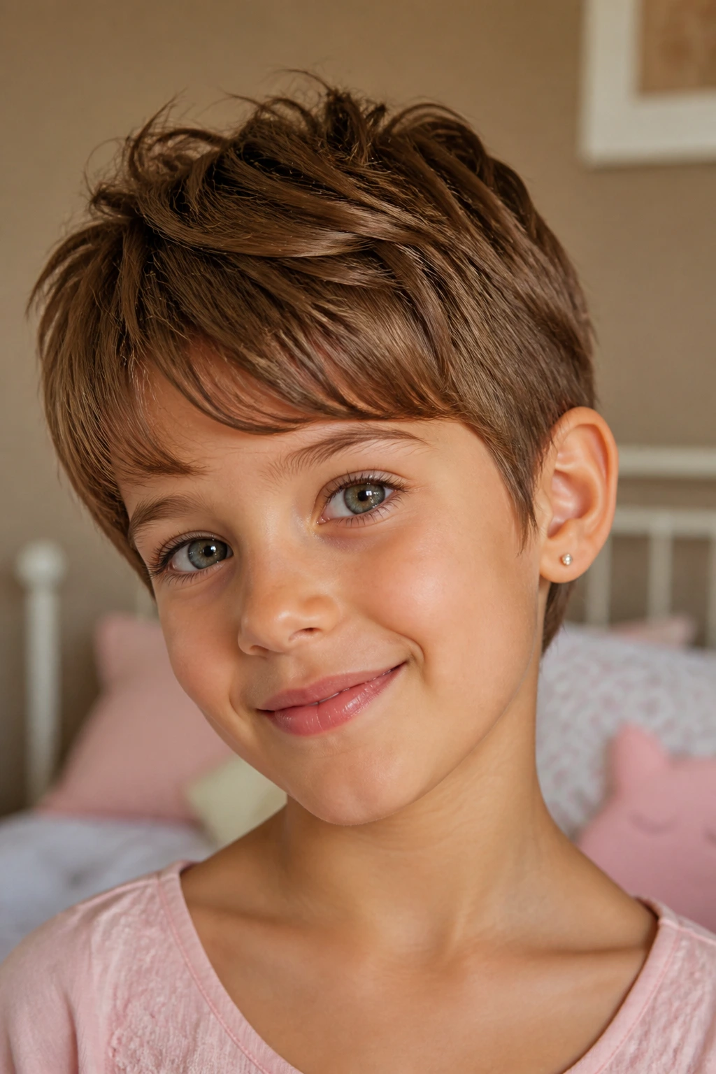 Close-up of a real girl with a textured pixie haircut showing crown height and fringe.
