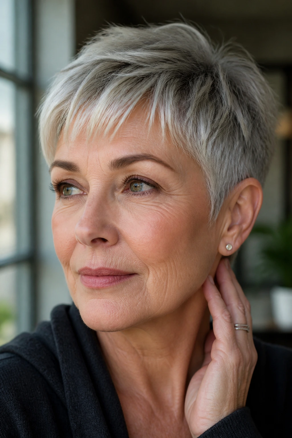 Close-up of a real person with textured pixie cut and feathered fringe