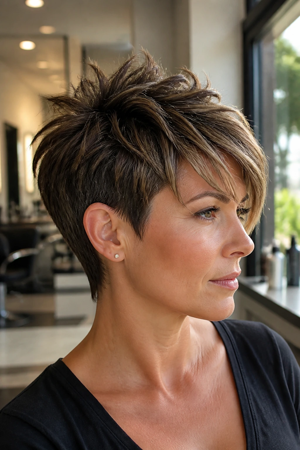 Close-up portrait of a real woman with a textured pixie cut showing choppy ends and lifted crown.