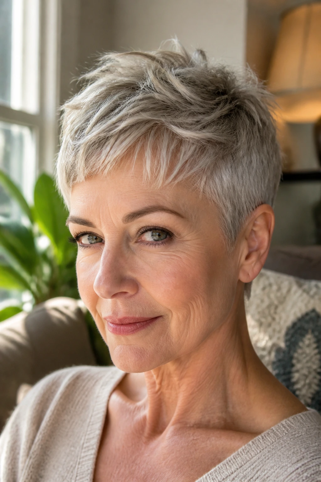Close-up portrait of a real woman with a textured pixie cut and choppy top layers in warm natural light.