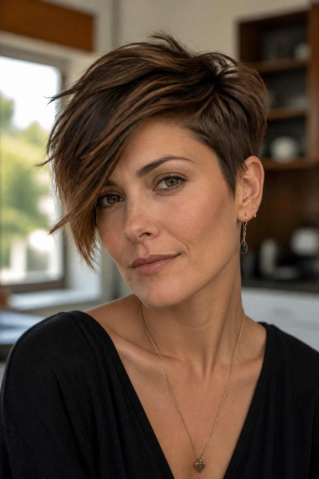 Close-up of a real woman with a textured asymmetrical pixie and sweeping fringe