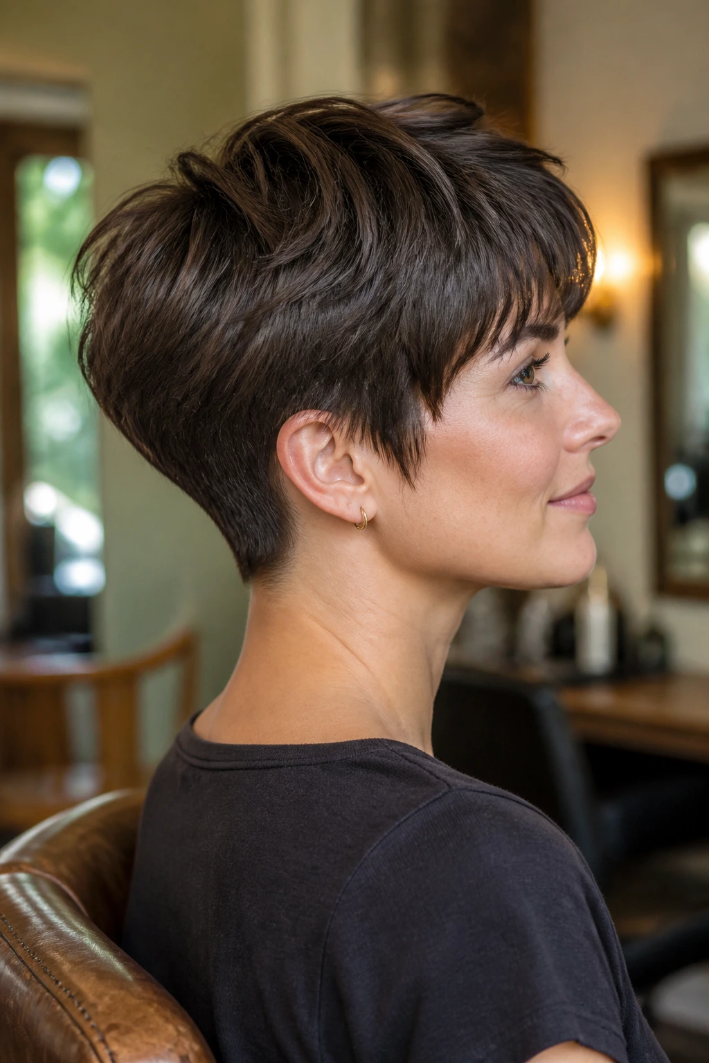 Close-up portrait of a real woman with a long pixie cut on thick hair in a salon setting