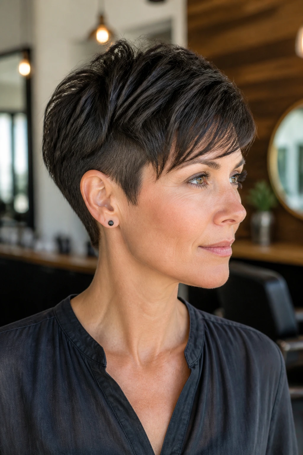 Close-up portrait of a real woman with a thick pixie cut showing taper and layering in a modern salon