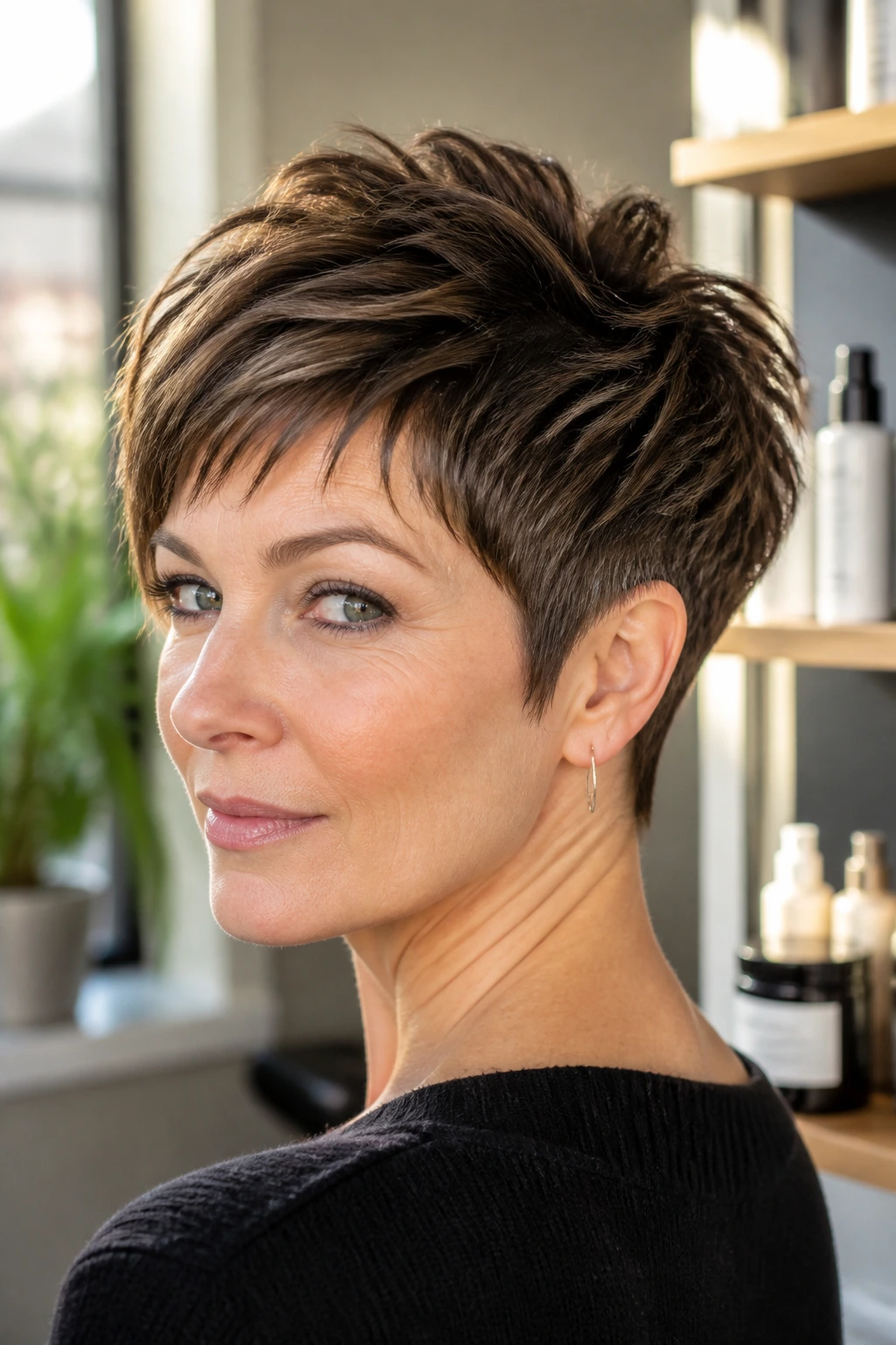 Close-up portrait of a woman with a crisp pixie cut highlighting tapered nape and crown lift