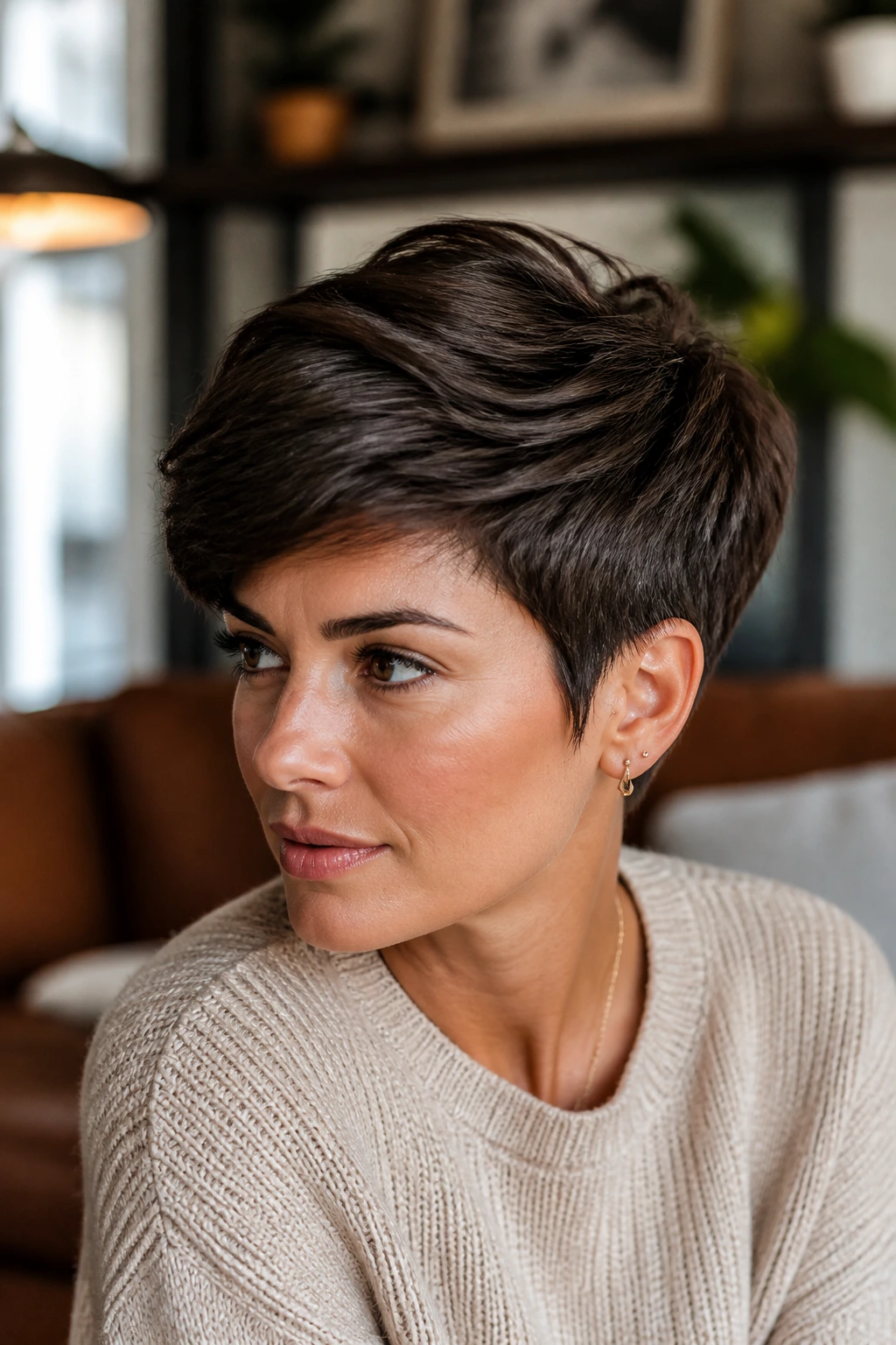 Medium close-up of a real woman with a thick pixie cut in warm window light