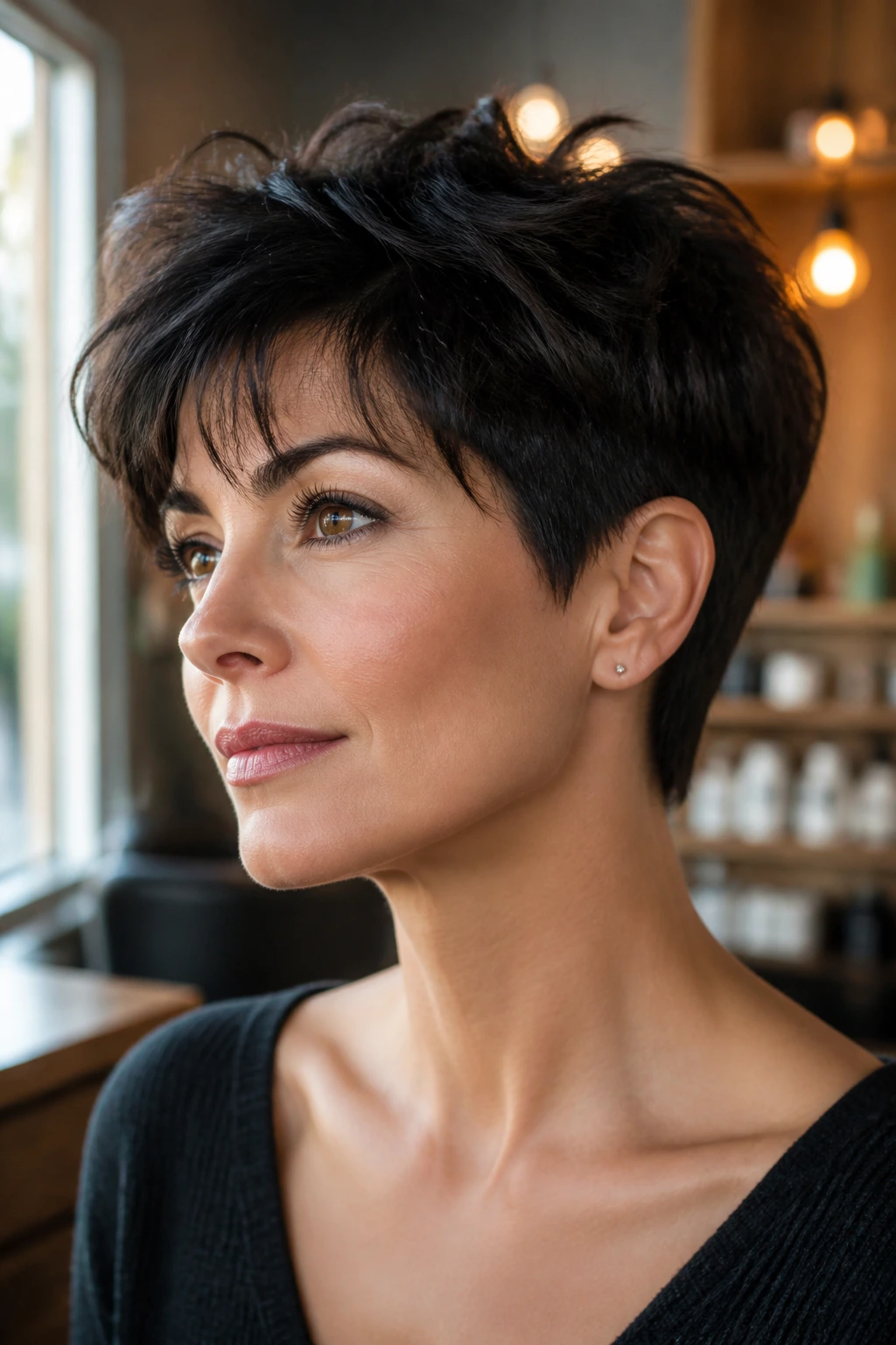 Close-up portrait of a real person with a thick textured pixie cut showing lift and tapered nape