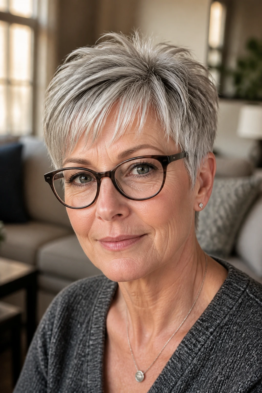 Close-up of a real woman over 50 with a pixie cut and glasses, fringe above the frame.