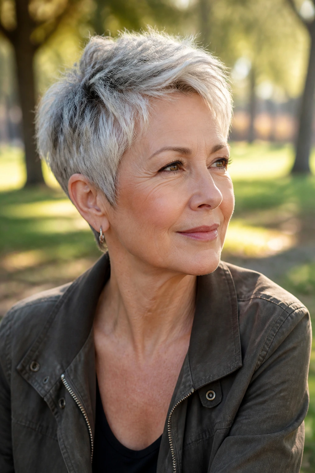 Medium close-up of a real woman with a lifted-crown pixie variation in a sunlit park.