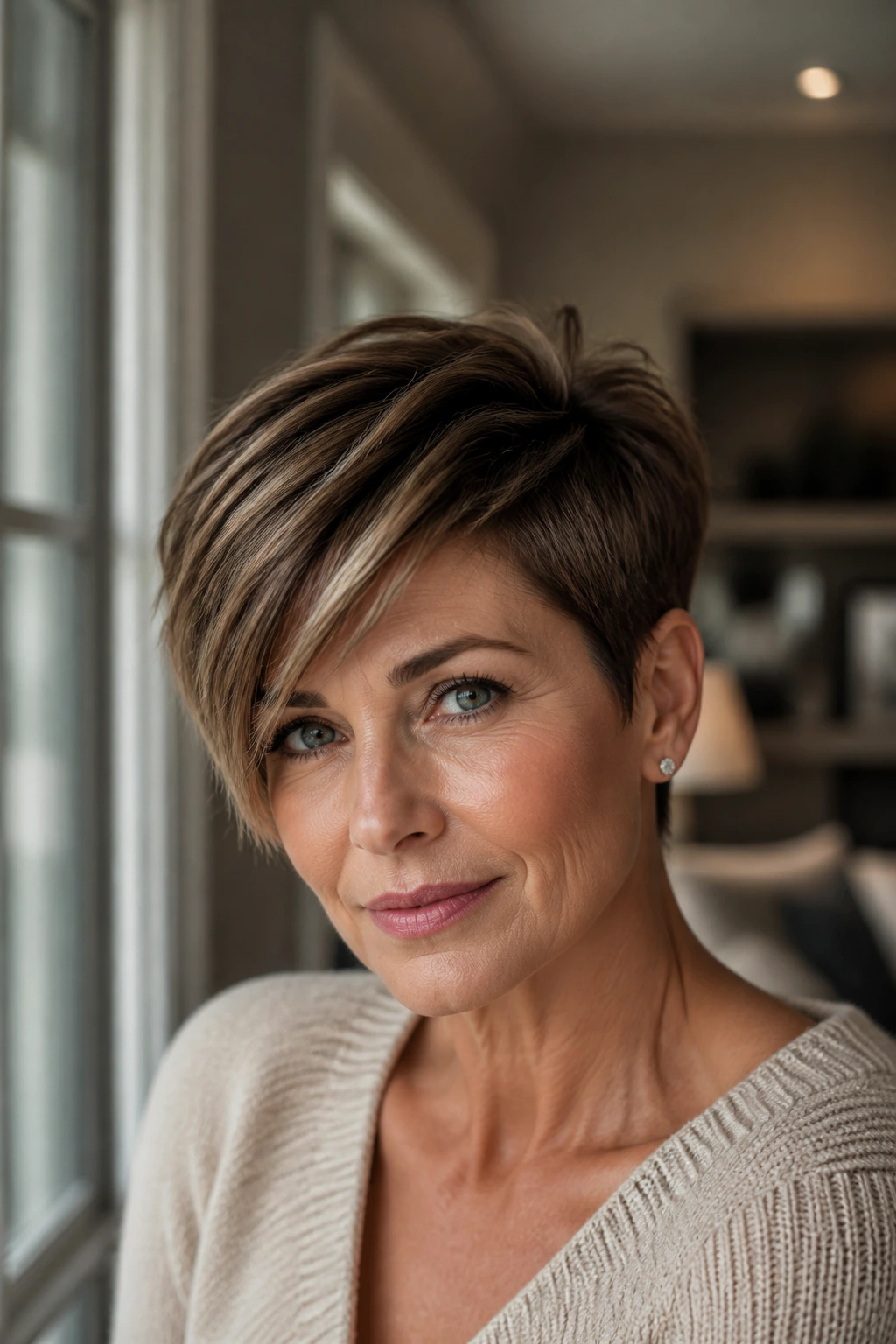 Close-up of a real woman with a versatile pixie cut and diagonally swept fringe