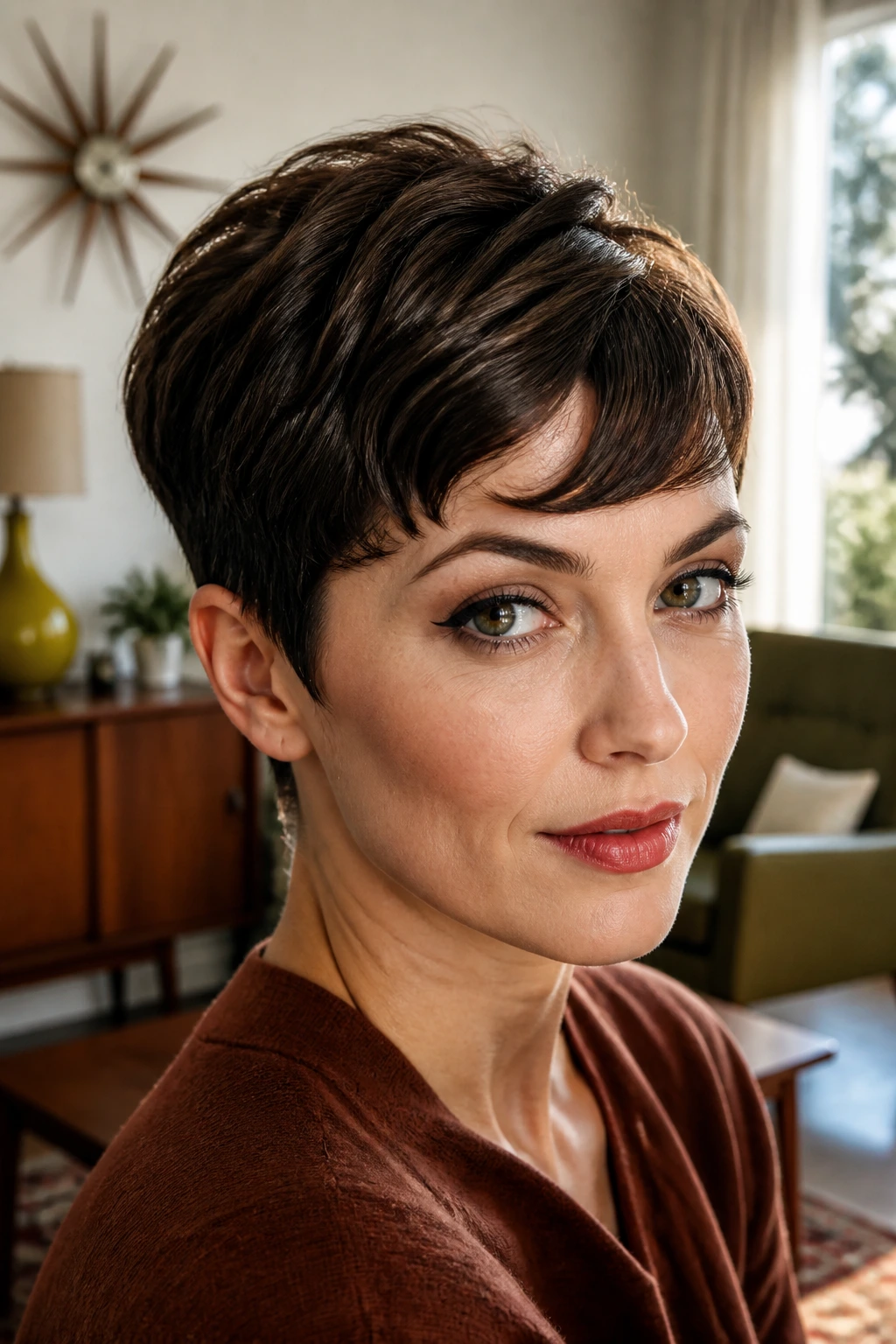 Close-up of a real person with a vintage pixie cut, curved fringe, lifted crown in a retro living room.