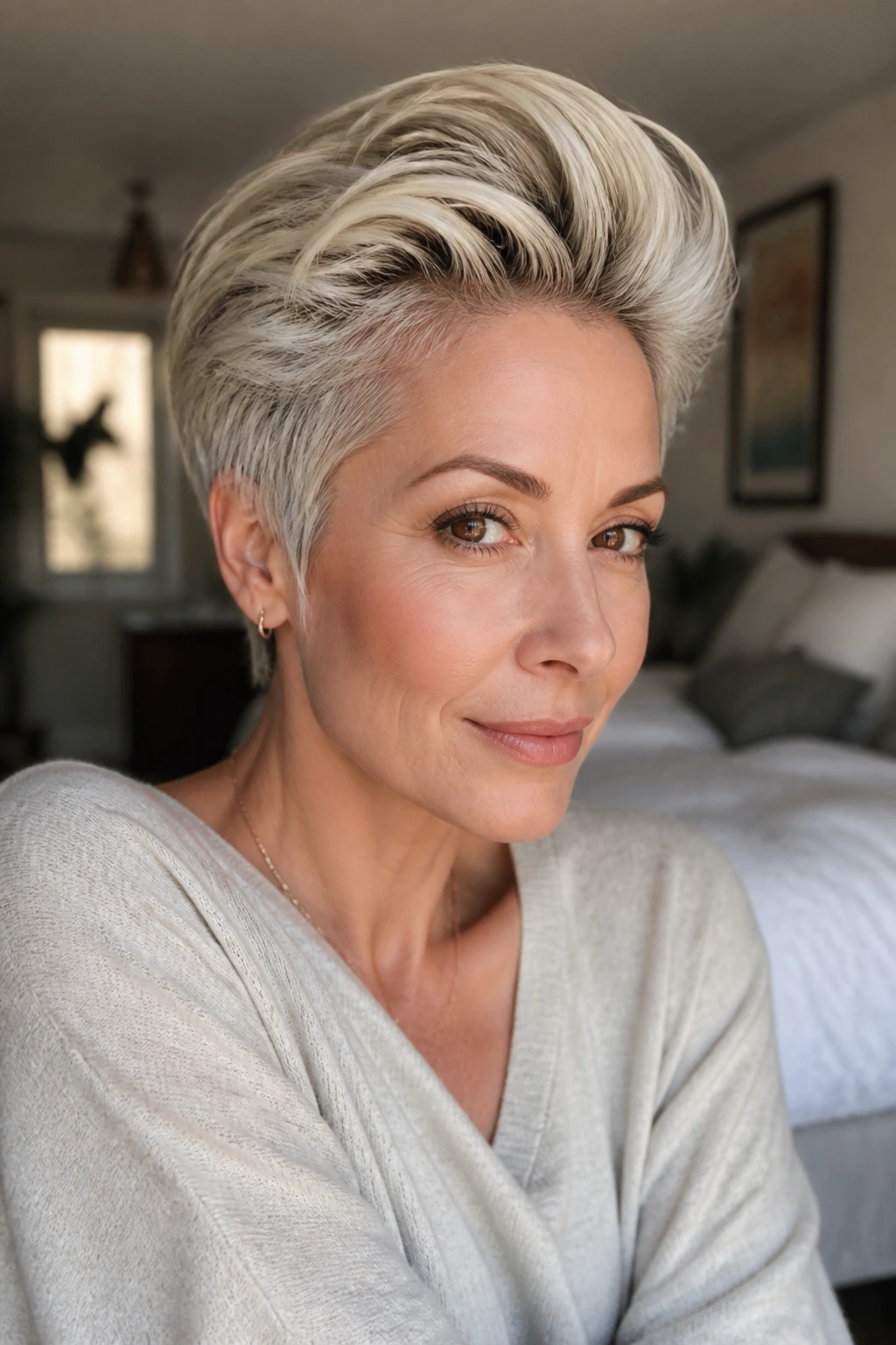 Close-up portrait of a real woman with swept-back volume pixie under warm window light