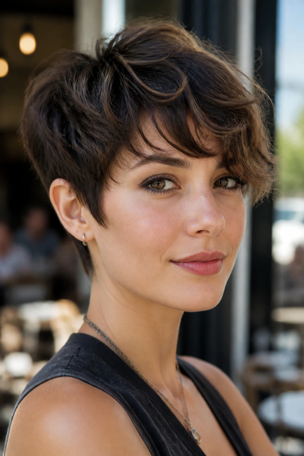 Portrait of real person with a piecey pixie and wave fringe