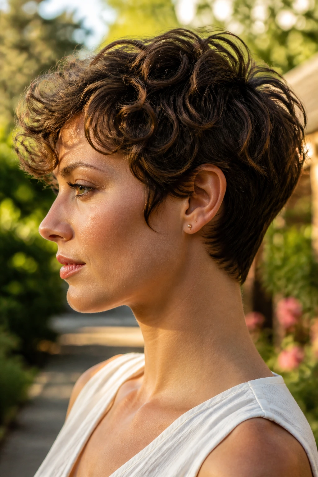 Profile portrait of person with pixie cut shaping waves in natural light