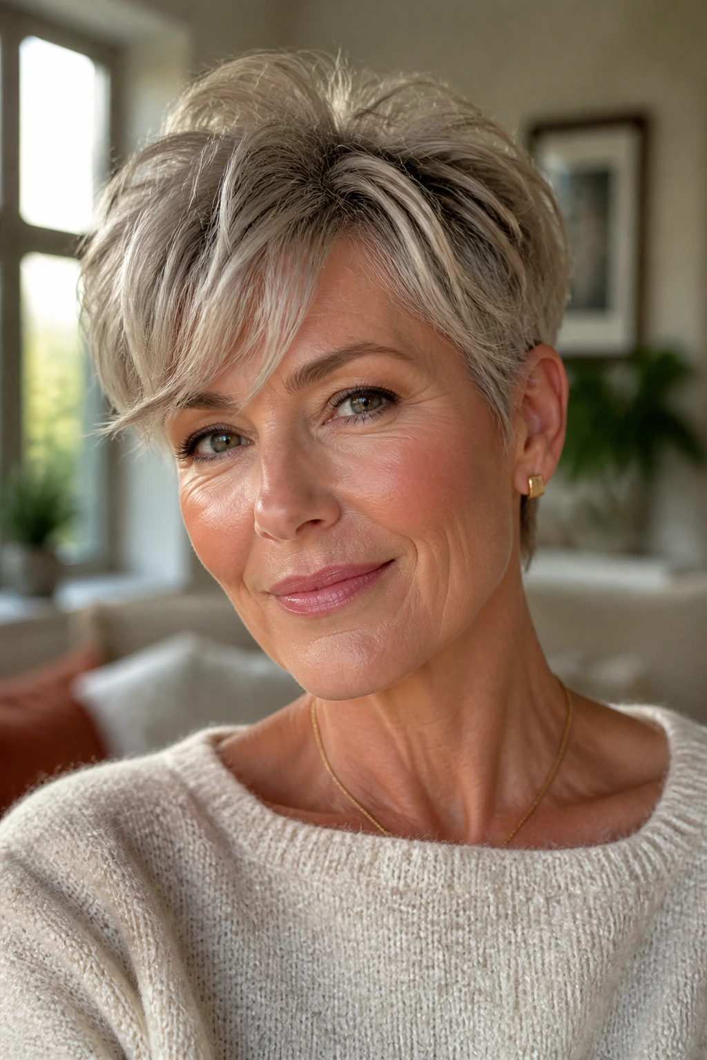 Close-up portrait of a real woman with a wavy pixie and soft fringe in a sunlit living room.