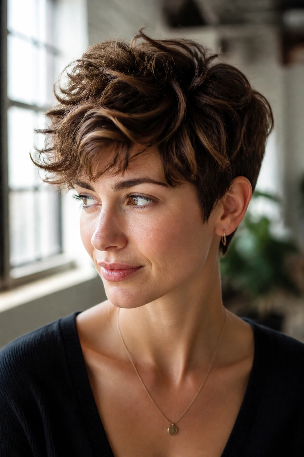 Portrait of a woman with a wavy pixie and long crown