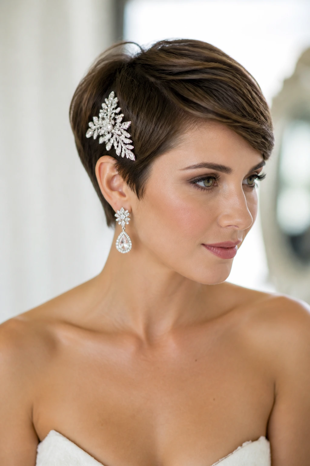 Real bride with pixie cut and a large jeweled clip in bright bridal suite
